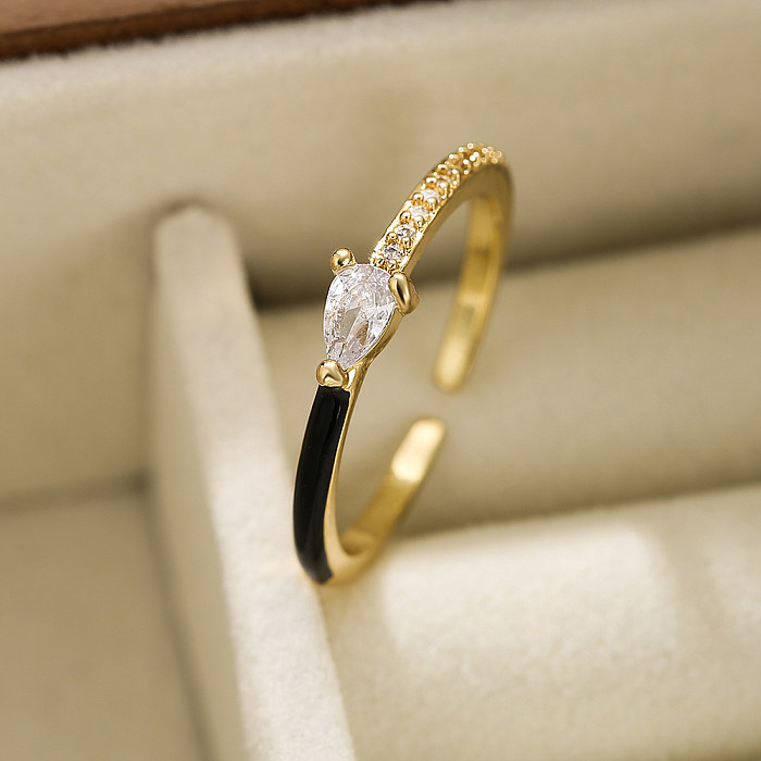 Simple Style Water Droplets Copper Enamel Plating Inlay Zircon 18K Gold Plated Open Ring