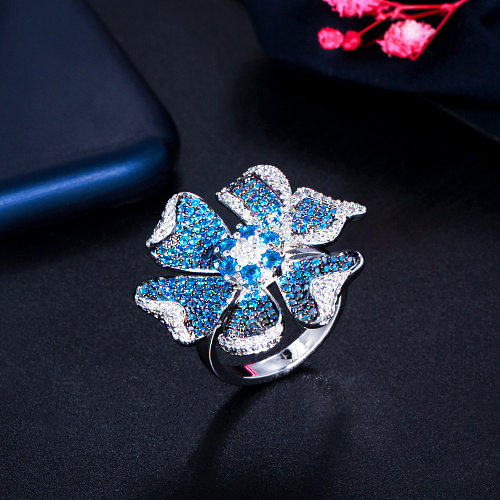Elegant Luxurious Flower Copper Plating Inlay Artificial Gemstones White Gold Plated Rhodium Plated Rings