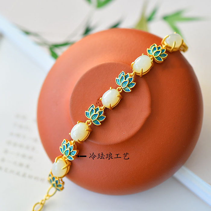 Retro Imitation Natural Jade Lotus Enamel Thick Frosted Copper Bracelet