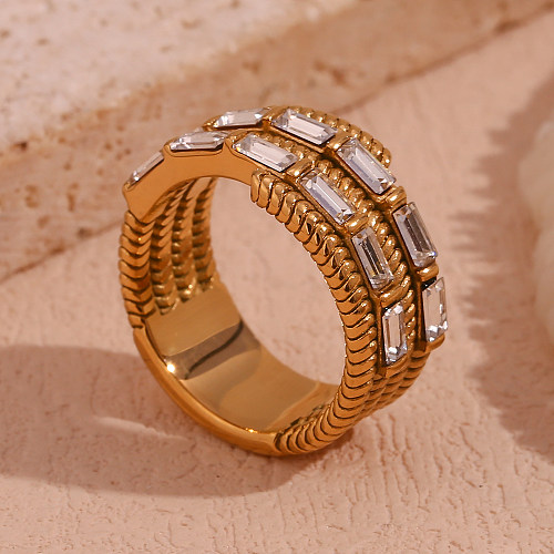 Anéis banhados a ouro de aço inoxidável do zircão 18K do embutimento do chapeamento do quadrado simples do estilo