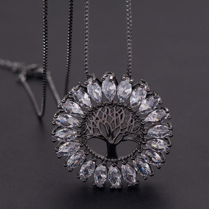 Vintage Style Round Tree Copper Polishing Plating Inlay Zircon 18K Gold Plated Pendant Necklace