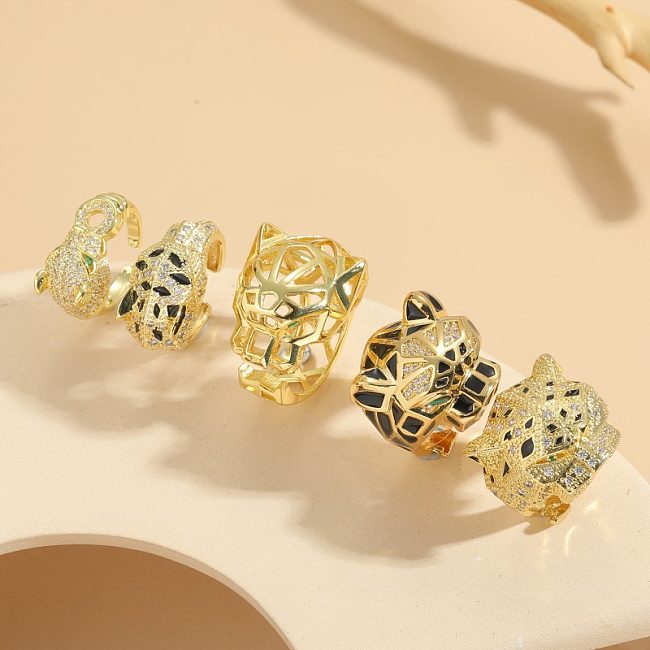 Elegant Leopard Copper Plating Inlay Zircon 14K Gold Plated Open Rings