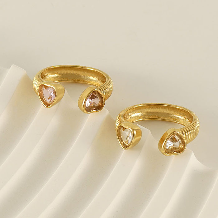 Elegant Simple Style Heart Shape Stainless Steel Plating Inlay Zircon 18K Gold Plated Open Ring