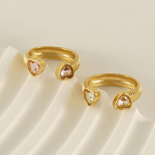 Eleganter, schlichter, herzförmiger, offener Ring mit Inlay aus Zirkon und 18 Karat vergoldetem Edelstahl