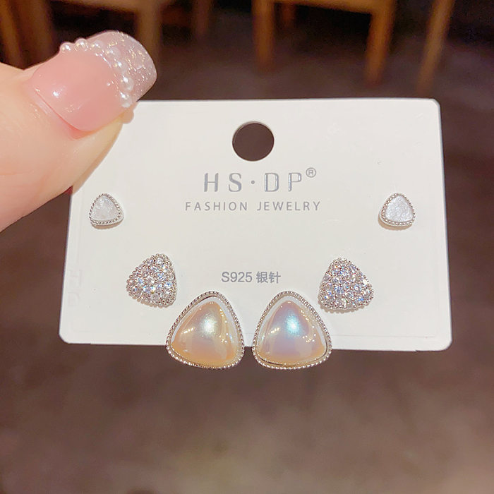 Simple Style Crown Sterling Silver Copper Inlay Zircon Ear Studs 3 Pieces