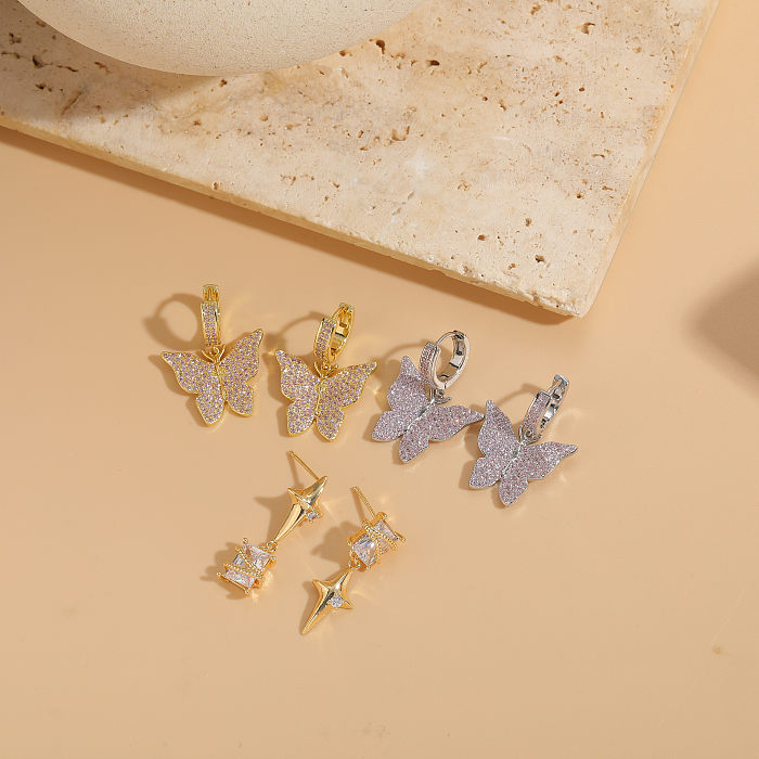 Boucles d'oreilles pendantes élégantes et luxueuses, Style classique, étoile géométrique, papillon, incrustation de cuivre et de Zircon plaqué or 1K, 14 pièce