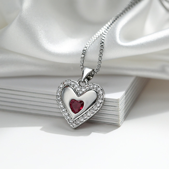 Lady Sweet Simple Style Heart Shape Copper 18K Gold Plated White Gold Plated Zircon Pendant Necklace In Bulk