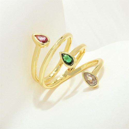 Luxurious Square Water Droplets Copper Plating Inlay Zircon 18K Gold Plated Open Rings