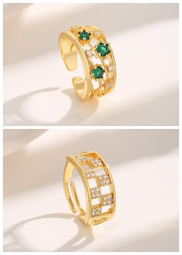 Vintage Style Luxurious Square Copper Plating Hollow Out Inlay Zircon 18K Gold Plated Open Rings