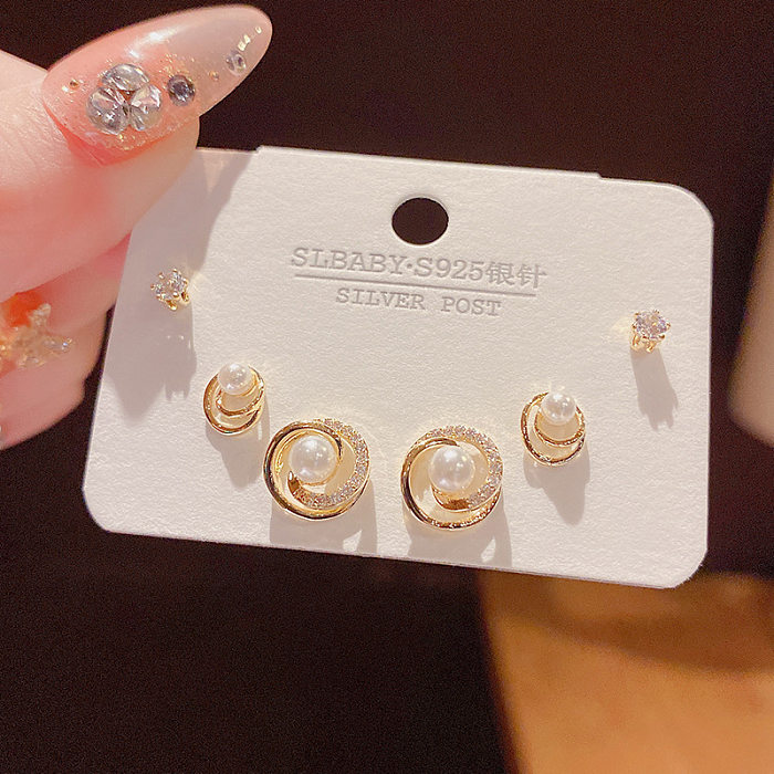 Simple Style Crown Sterling Silver Copper Inlay Zircon Ear Studs 3 Pieces