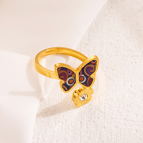 Elegante estilo clássico formato de coração borboleta aço inoxidável esmalte embutido zircão anel aberto banhado a ouro 18K