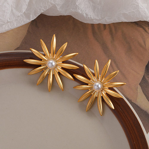 1 par de brincos de orelha de cobre com revestimento de flores geométricas retrô