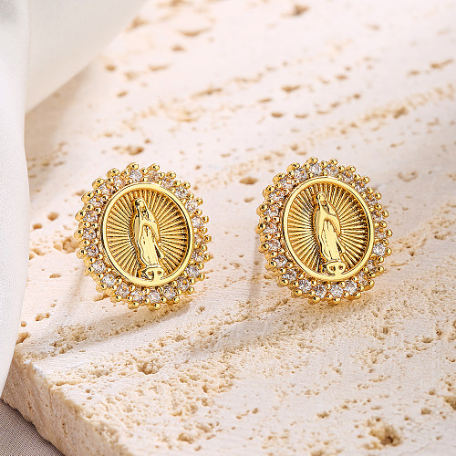 1 par de pinos de orelha banhados a ouro 18K, estilo simples, retrato da Virgem Maria, chapeamento embutido, zircão de cobre