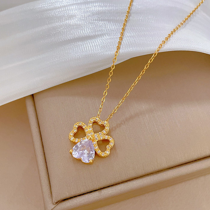 Modern Style Classic Style Four Leaf Clover Titanium Steel Copper Inlay Artificial Gemstones Gold Plated Pendant Necklace
