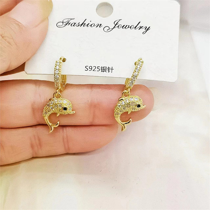 1 Pair Basic Classic Style Tree Dolphin Flower Inlay Copper Zircon Drop Earrings