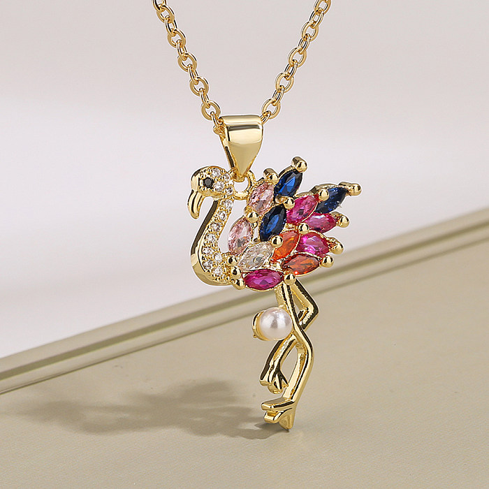 Simple Style Commute Flamingo Bird Copper 18K Gold Plated Pearl Zircon Pendant Necklace In Bulk