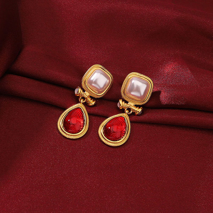 1 Pair Retro Simple Style Water Droplets Plating Inlay Copper Artificial Pearls Glass 18K Gold Plated Drop Earrings