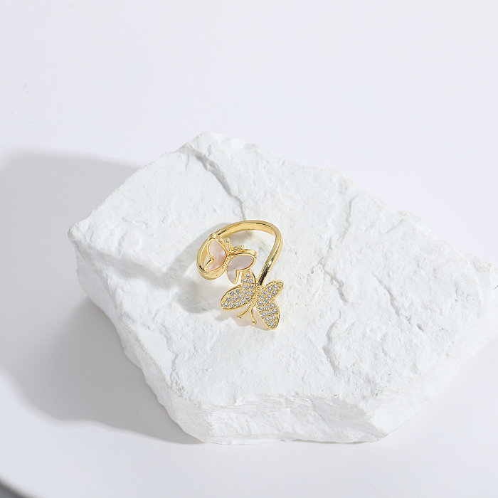 1 Piece Fashion Butterfly Copper Asymmetrical Inlay Zircon Open Ring