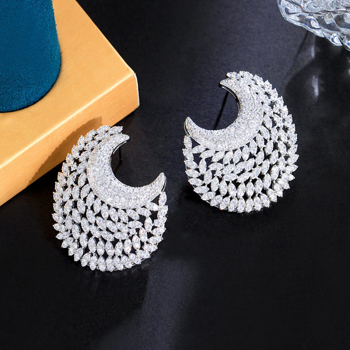 1 Pair Glam Wedding Shiny Round Moon Plating Hollow Out Inlay Copper Zircon Rhodium Plated Ear Studs