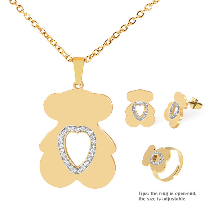 Cute Bear Heart Shape Stainless Steel Plating Hollow Out Inlay Zircon 14K Gold Plated Jewelry Set