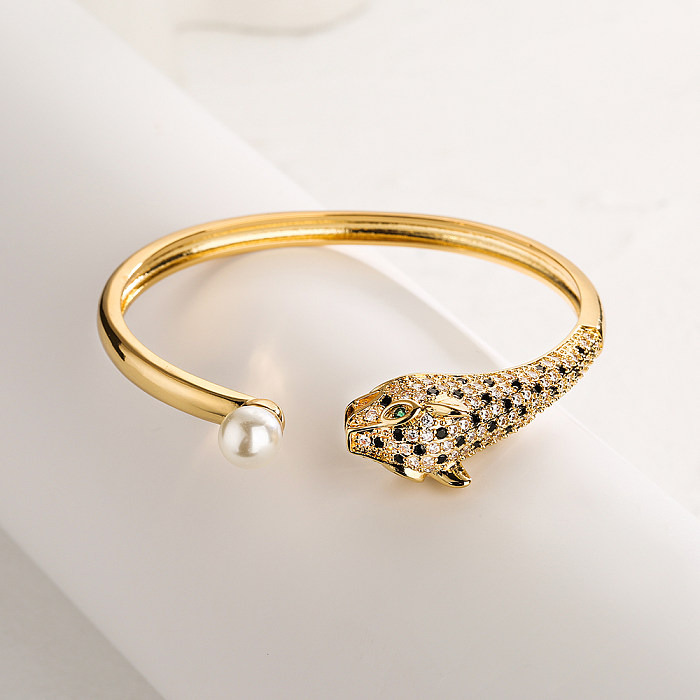 Bracelet en cuivre plaqué or avec perles artificielles, tête de léopard, à la mode, en Zircon