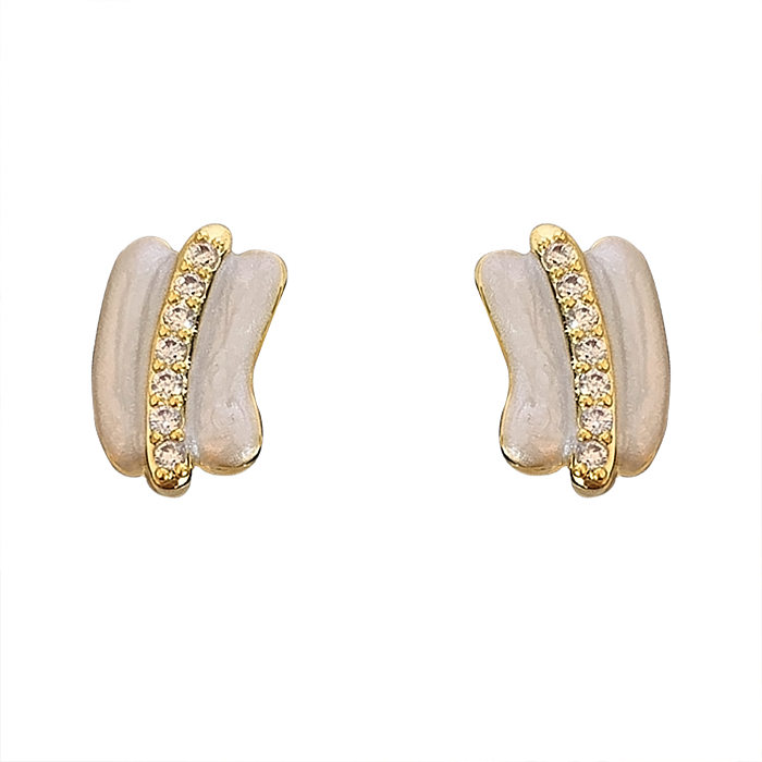 1 paire de clous d'oreilles plaqués or 14 carats, incrustation de placage d'émail géométrique de Style moderne en cuivre et Zircon