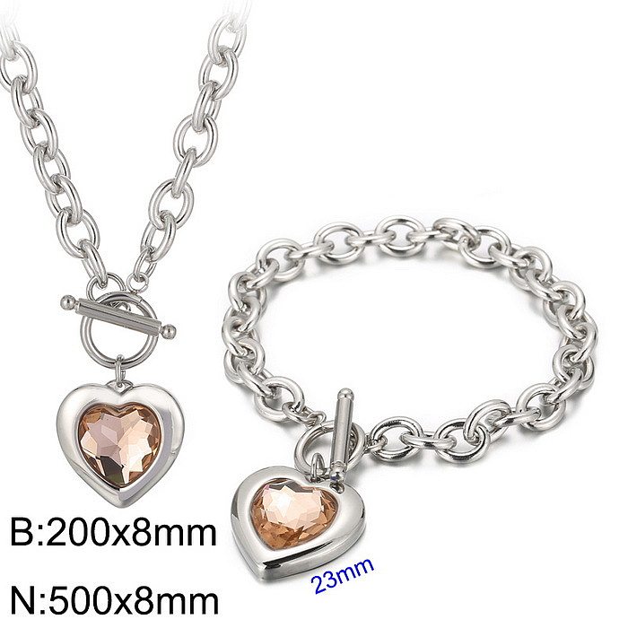Collier de boucles d'oreilles de bracelets en verre d'incrustation de placage d'acier inoxydable de forme de coeur de mode