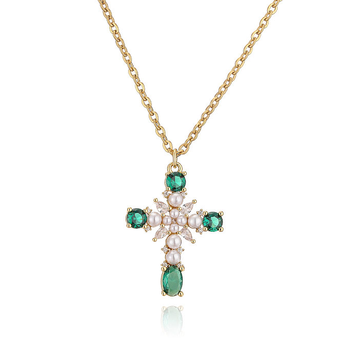 Classic Style Cross Copper Inlay Artificial Gemstones Pendant Necklace