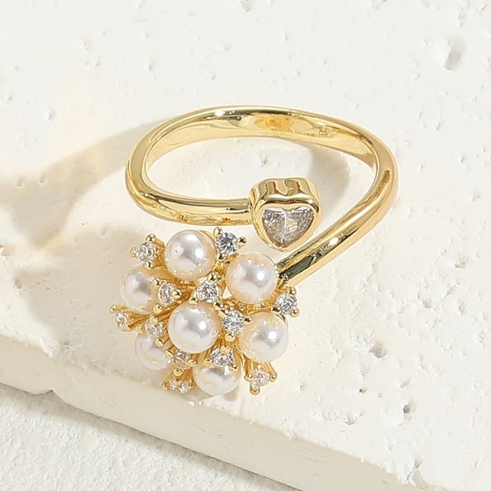 Classic Style Solid Color Copper Plating Inlay Pearl Zircon 14K Gold Plated Rings