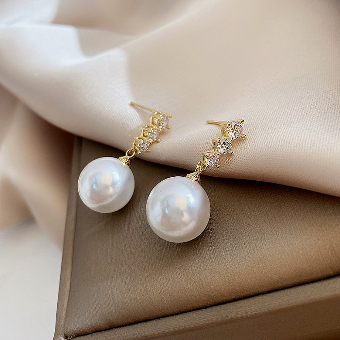 1 Pair Elegant Retro Vacation Geometric Imitation Pearl Copper Plating Inlay Zircon Earrings