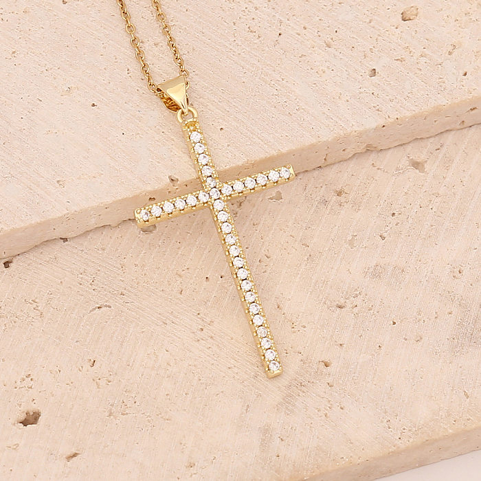 Simple Style Cross Copper Plating Zircon Pendant Necklace 1 Piece