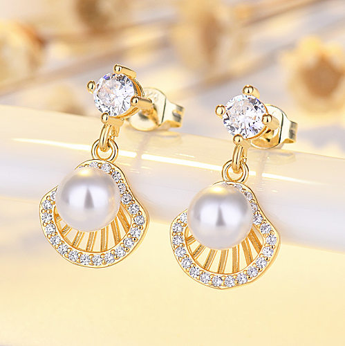 1 Pair Elegant Lady Geometric Plating Inlay Copper Artificial Pearls Zircon Drop Earrings