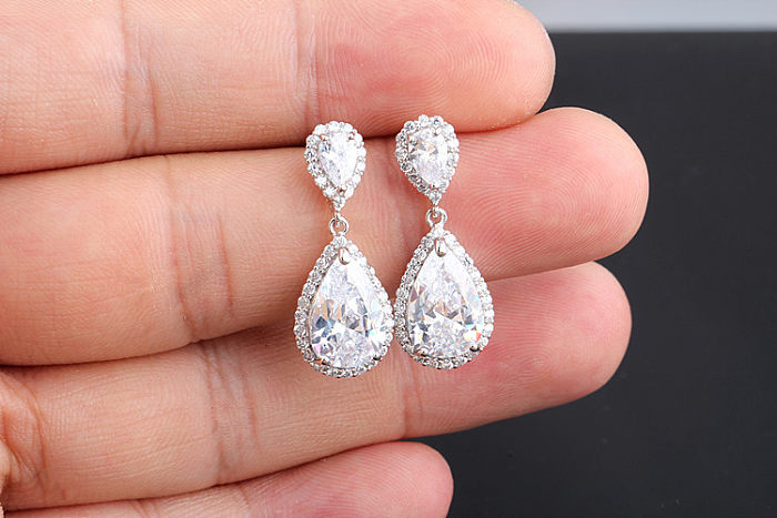 1 Pair Casual Shiny Water Droplets Plating Inlay Copper Zircon Drop Earrings