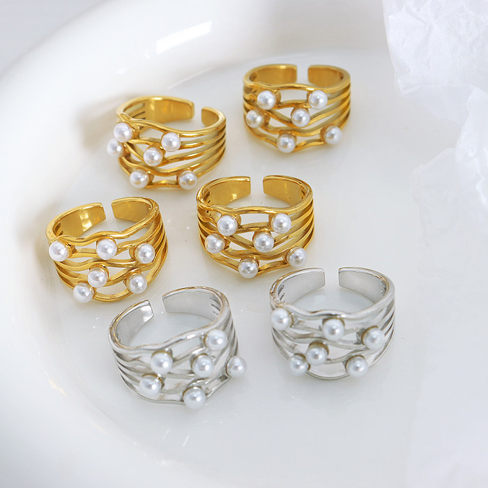 Anillo abierto chapado en oro de 18 quilates con incrustaciones de perlas artificiales, elegante y dulce, geométrico, de acero y titanio, con ondas de agua