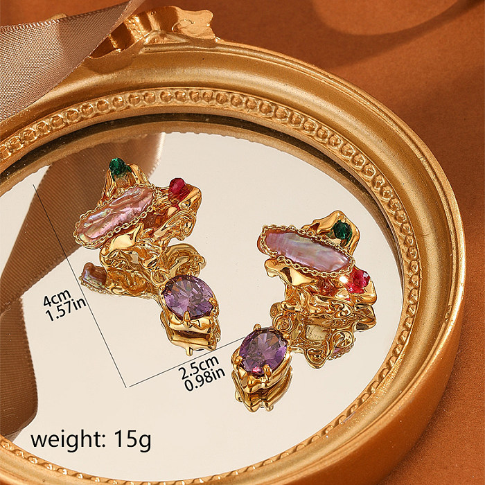 1 par retro geométrico chapeamento incrustação cobre barroco pérola 18k brincos banhados a ouro