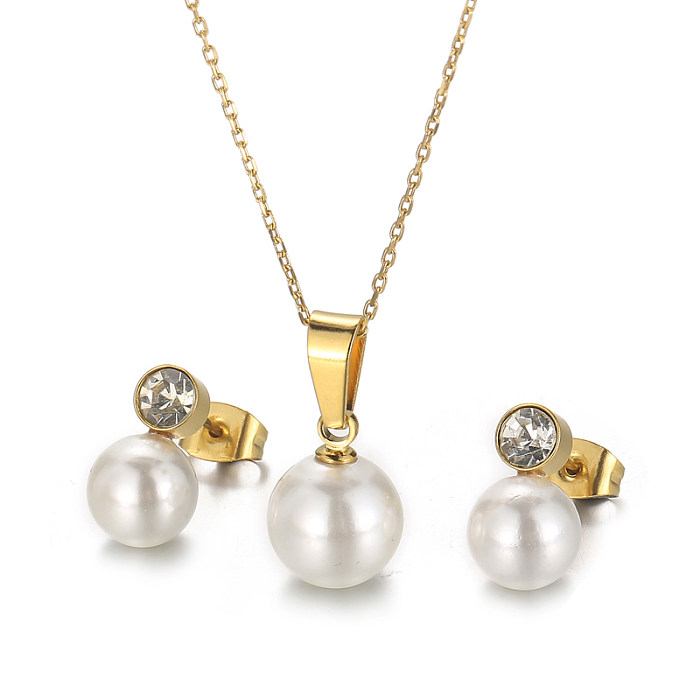 Fashion Geometric Titanium Steel Inlay Artificial Pearls Rhinestones Women'S Earrings Necklace