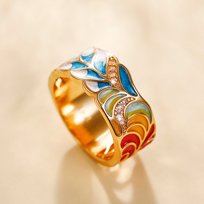Anéis elegantes de zircão com incrustação de epóxi de cobre com folhas retrô