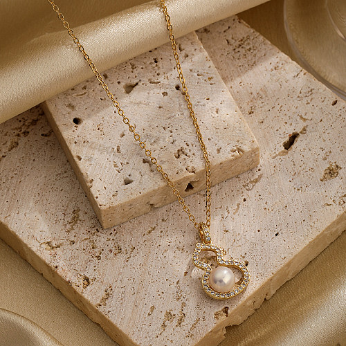 IG-Stil, einfacher Stil, Kürbis-Kupfer-Beschichtung, ausgehöhltes Inlay, Perle, Zirkon, 18 Karat vergoldet, Anhänger-Halskette