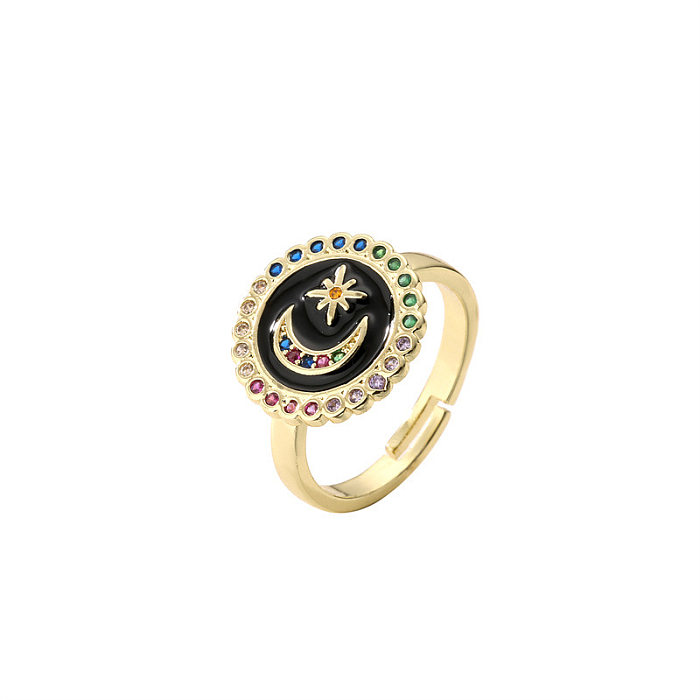 Luxuriöse offene Ringe mit geometrischem Stern-Mond-Kupfer-Emaille-Beschichtungsinlay und Zirkon-Vergoldung