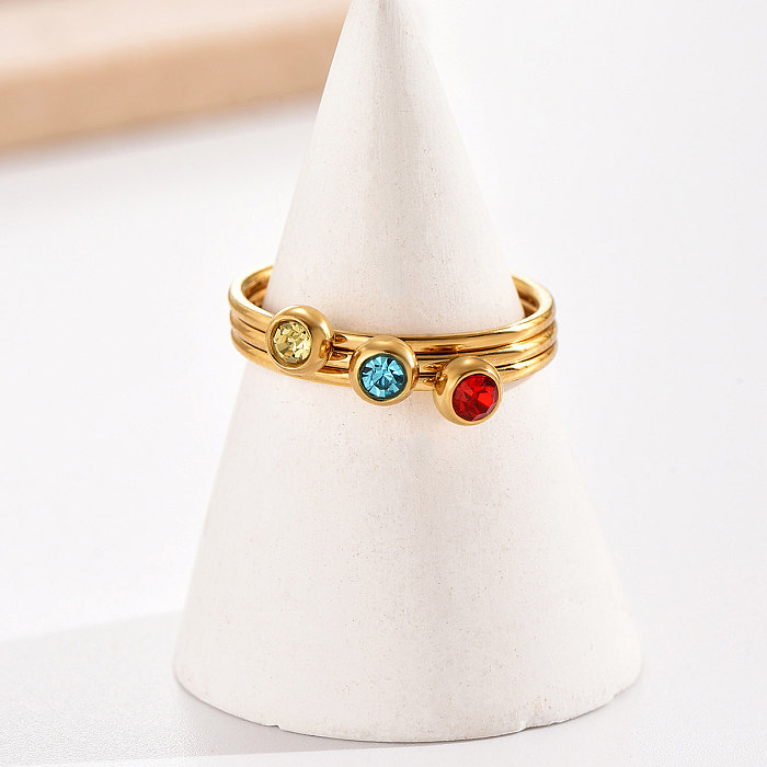 Casual Simple Style Round Stainless Steel Polishing Plating Inlay Rhinestones 14K Gold Plated Rings