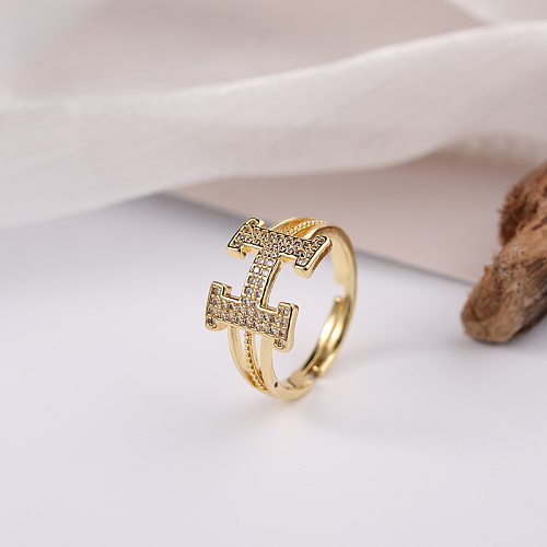 Simple Style Letter Copper Inlay Zircon Open Rings