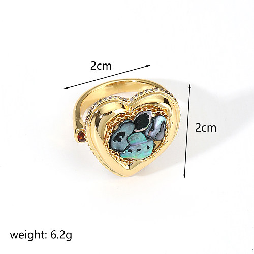 Simple Style Heart Shape Copper Plating Inlay Shell 18K Gold Plated Open Rings