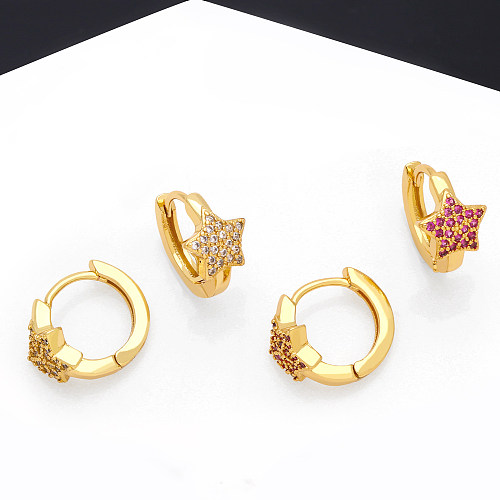 1 paire de boucles d'oreilles pentagramme de Style classique pour femmes, incrustation de cuivre et de Zircon plaqué or 18 carats