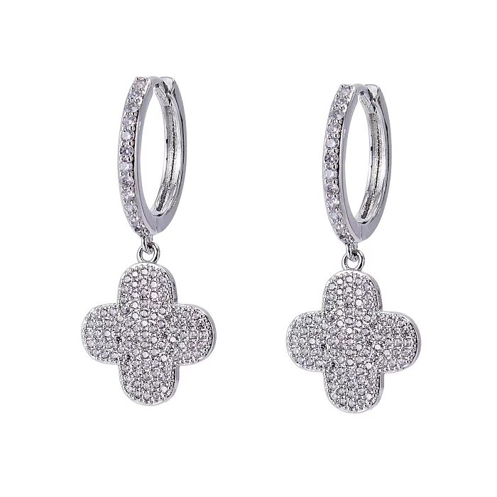 1 Pair IG Style Cross Four Leaf Clover Plating Inlay Copper Zircon Drop Earrings
