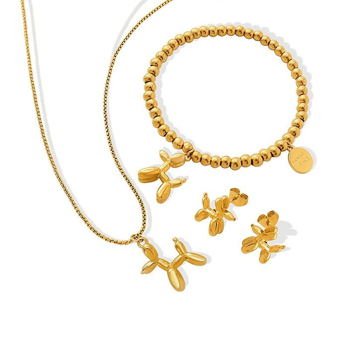 Fashion Cute Balloon Air Dog Necklace Bracelet Titanium Steel 18K Gold Plating Stud Earrings Jewelry Set