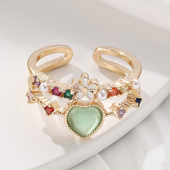 Mode Herzform Blume Kupfer Emaille Überzug Inlay Künstliche Perlen Zirkon Offener Ring 1 Stück