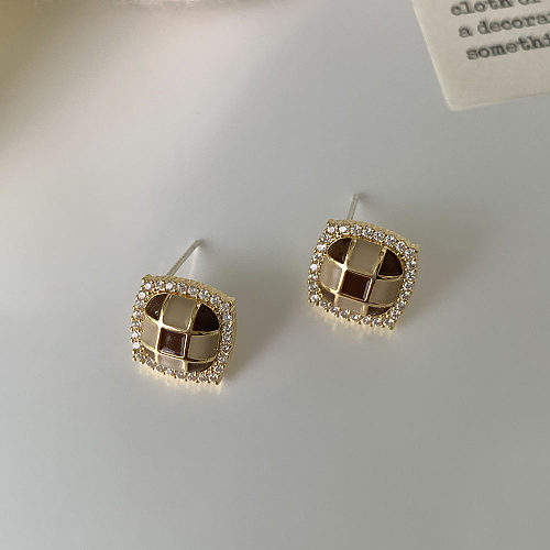 1 Pair IG Style Retro Square Enamel Plating Inlay Copper Zircon 14K Gold Plated Ear Studs
