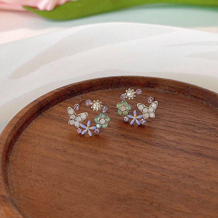 1 Pair Cute Japanese Style Flower Copper Inlay Rhinestones Ear Studs