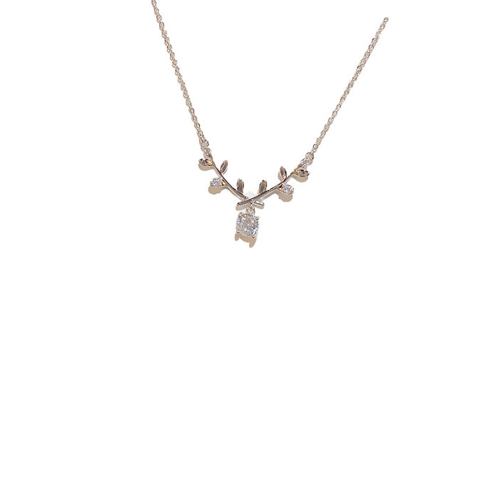 Elegant Leaf Copper Inlay Zircon Pendant Necklace