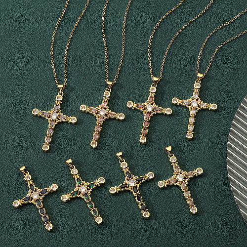 IG Style Cross Copper Plating Inlay Zircon Pendant Necklace